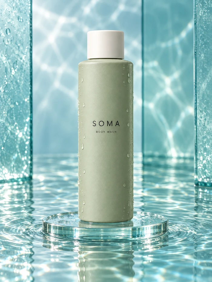 Зелёный флакон SOMA в прозрачной водной сцене